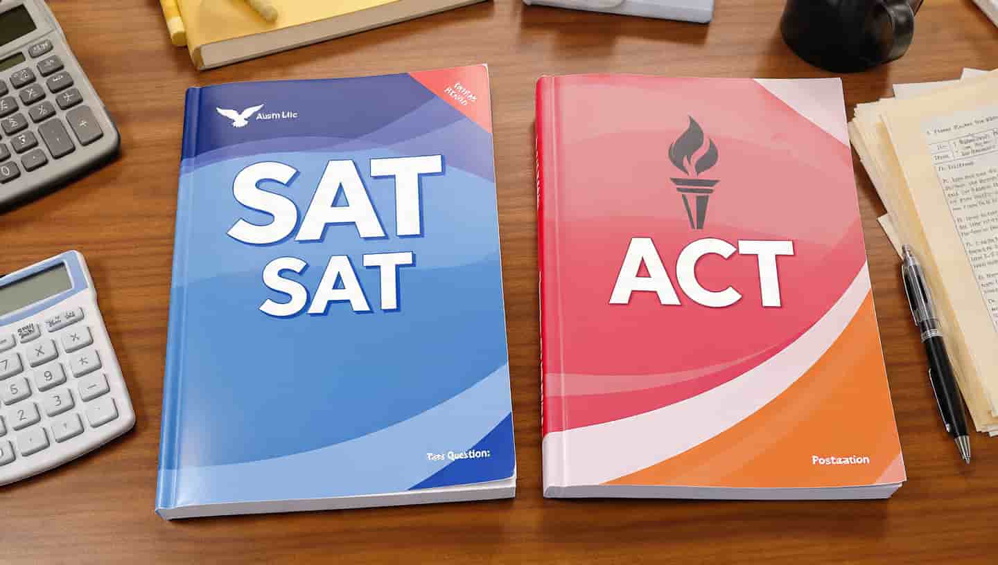 Comparison of SAT and ACT test prep books on a student desk for 2026 exams.