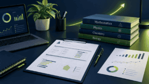 Academic diagnostic testing sheets and progress charts on a desk for uncovering student learning gaps in math and science
