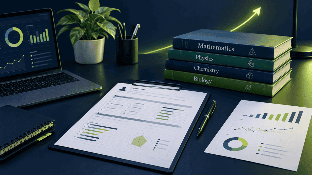 Academic diagnostic testing sheets and progress charts on a desk for uncovering student learning gaps in math and science